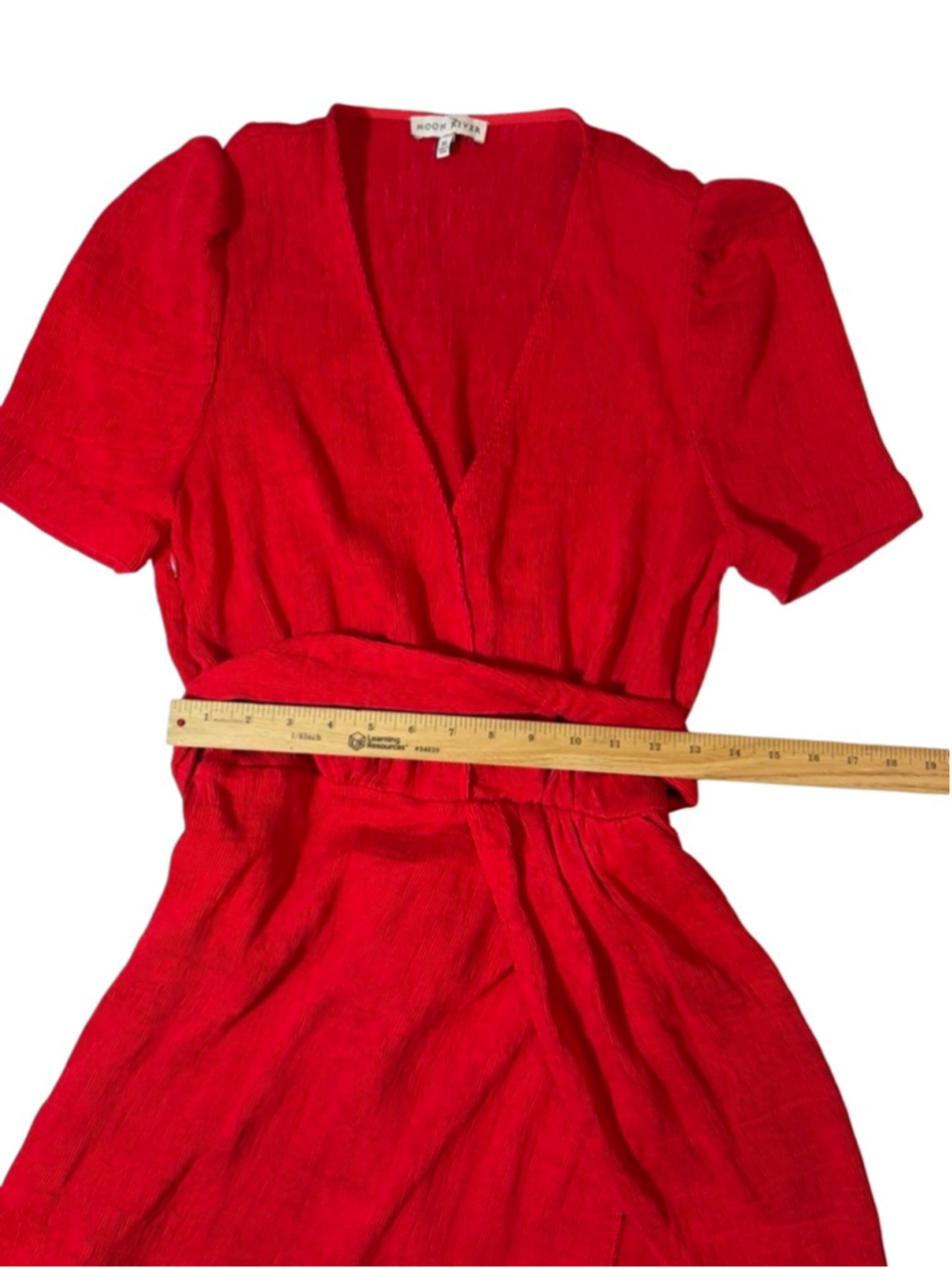 Moon River Red Wrap Mini Dress XL Puff Sleeve Belted Romantic Party - Picture 3 of 8
